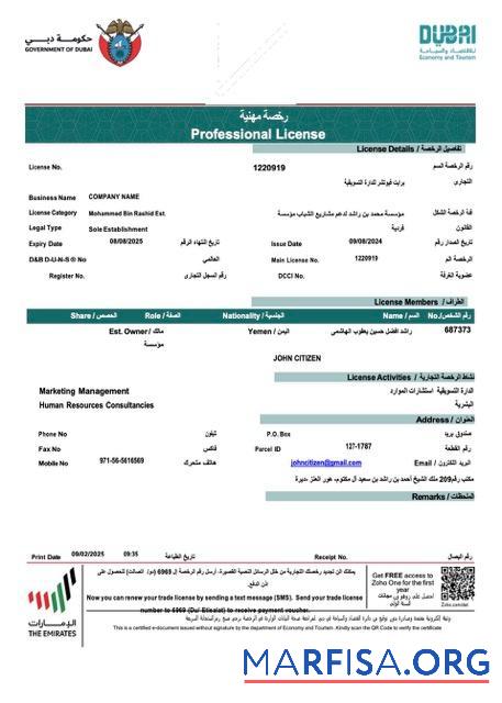 Downloadable UAE Dubai professional license of company Word and PDF template